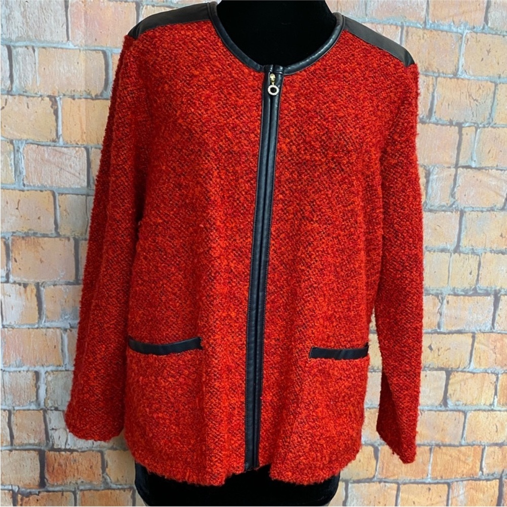 Cathy Daniels Petites Zip Front Red Boucle Tweed Jacket